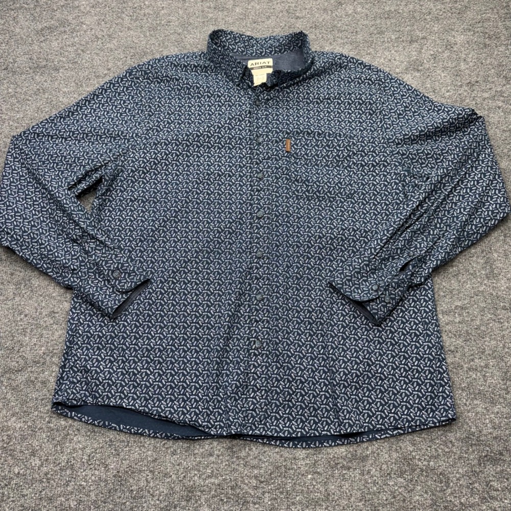 Ariat Mens Modern Slim Navy Blue White Geometric Print Button Down Shirt XXL